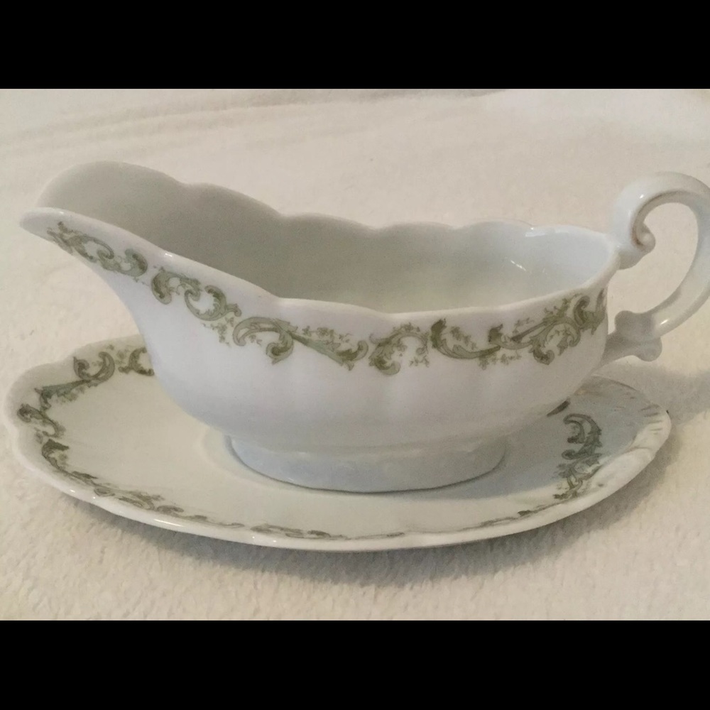 LIMOGES Vintage Gravy Boat and Plate Green Scroll